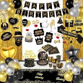 Birthday Decorations for Women Rose Gold and Black Party Decor Supplies of 30th, 40th, 50th, 60th Birthday - Rose Gold Birthday Supplies Dinnerware Set with Balloons, Sash, Banner, Curtain, Photo Prop