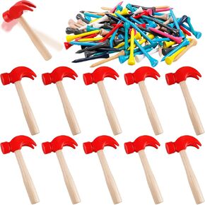 10 Pcs Wooden Hammer Toys,Kids Hammer Toys with 100 Pcs Colorful Wood Golf Tees,Small Plastic Hammer,Simulation Hammers Maintenance Tools Educational Toys for Play School Gift Party