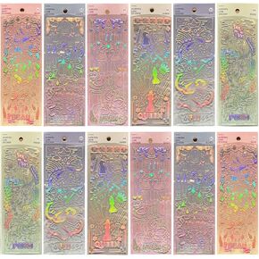 12 Sheets Holographic Kpop Deco Stickers for Photocards Cute Korean Stickers Self Adhesive Clear Glitter Y2K Stickers Stars Heart Ribbons Decals for Headphones Journal Scrapbook Craft Album DIY