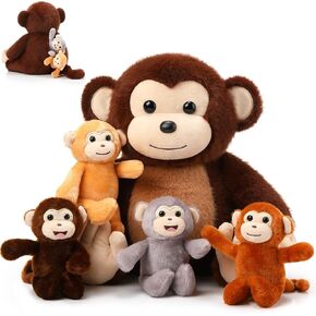 Aoriher 5 Pieces Monkey Plush Toy Set 1 Mommy Monkey Stuffed Animal with 4 Cute Plush Babies in Her Tummy 13 Inch Cuddly Monkey Plushie Gifts for Christmas Boys Girls Birthday Party(Cute Style)