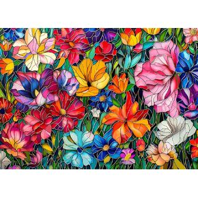 Stained Glass Flower Puzzles for Adults 1000 Pieces, Colorful Floral Garden Jigsaw Puzzle, Art Plant Puzzle