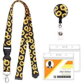 Fashion Sunflower Lanyard ID Card Clip Kit,Women Girls Nurse Reversible Detachable Key Chain Lanyard and Retractable ID Card with Horizontal Name Badge Holder,for Keys USB ID Card Phone