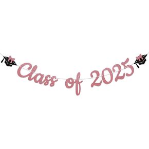 Pink Bow Class of 2025 Banner - Coquette 2025 Graduation Decorations, Coquette 2025 Grad Party Decor, 2025 Senior High School College Graduation Party Decoration Rose Gold Glitter