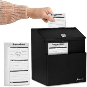 Adir Suggestion Box with Slot and Lock with 25 Comment Cards and Label Stickers, Wall Mounted Metal Donation Box for Fundraising, Tip Cash Drop Box for Money, Ballot Box Black