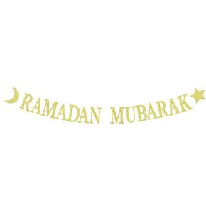 Colorfulparty Gold Glitter Ramadan Mubarak Banner - Eid Festival Muslim Islam Party Decorations - Hajj Mubarak Umrah Mubarak Islamic Party Decoration Supplies