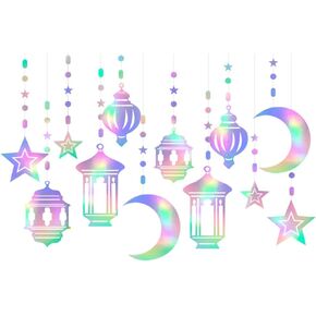 Blue-Silver Ramadan Star-Moon Party-Decorations Garland - 12pcs Twinkle Little Star Hanging Decoration Streamers Swirl Lantern, Eid Mubarak Birthday Wedding Party Banner Decor Panduola