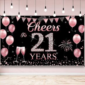 21st Birthday Decorations for Her, Cheers to 21 Years Birthday Backdrop Banner, Rose Gold 21 Birthday Party Photo Props, 21 Birthday Yard Sign Poster Supplies for Outdoor Indoor, Fabric Vicycaty