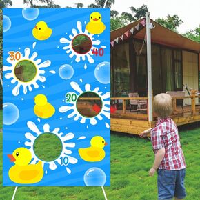 Cartoon Little Yellow Duck Toss Games Banner Backdrop Animals Theme Decor Decorations for Indoor Outdoor Ducky Duck Bday 1st Birthday Party Baby Shower Supplies Favors Background Photo Booth Props
