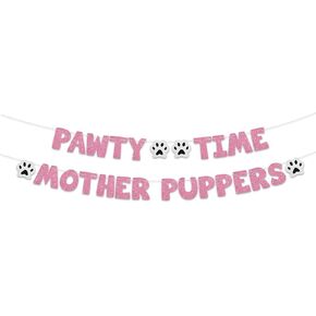BEISHIDA Glitter Black Pawty Time Mother Puppers Banner - NO DIY - The Pet Birthday Banner - Puppy Birthday Decorations，Cute Cat/Dog Birthday Party Supplies，Dog Paw Party Bunting Sign，Puppy Dog Pennant Décor