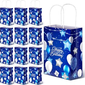 24 Pcs Birthday Gift Bags with Handles Navy Blue Silver Birthday Party Favors Goodie Paper Gift Wrapping Bags for Boy Girls Men Women Party Supplies, 5.9 x 3.2 x 8.3 Inches