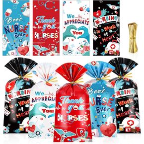 HOWAF 100pcs Nurse Day Candy Bag Bulk, Thank You Nurses Cellophane Bags for Nurse Appreciation Week Supplies, Nurses Week Gift Bags with Twist Ties for Nursing Party Medical Party