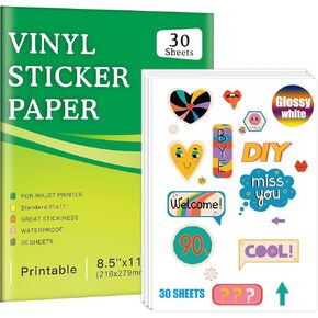 Premium Printable Vinyl Inkjet Stickers -30 Sheets Glossy White 8.5x11 Inch Sticker Paper,Suitable for inkjet printers，Waterproof，Fast Drying Vivid Colours, Retain Ink Well,Tear Resistant