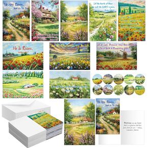 50 Pack Religious Easter Cards Bulk with Envelopes and Stickers Christian Resurrection of Jesus He Is Rise Easter Greeting Cards with Scripture Blessing Inside 4'' x 6''(Watercolor Scenic)