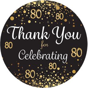 Black and Gold 80th Birthday Party Thank You Stickers - 1.75 in - 40 Labels