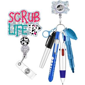Plifal Nurse Pen Set Badge Reel Holder Accessories Clip - Retractable Mini Nursing Ball Pen Permanent Marker Highlighter Light Penlight Flashlight Scissors Work Student Office Hospital Scrub Life