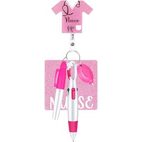 5 Pcs Nurse Accessories Include Retractable Ball Pen, Permanent Marker Pen, Nurse Badge Clip Retractable, Glitter Badge Cards, LED Flashlight Keychain(Pink)