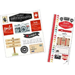 Switzerland Sticker Sheet- Scrapbook Switzerland Stickers Pack with Camera, Luggage, Swiss Vacation Inspired Design - Switzerland Travel Stickers for Scrapbooking, Journal, Planner, Album- 2 Items