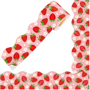 Whaline 66ft Strawberry Fruit Bulletin Board Borders Self-Deasive Daisy Flower Trim Standsles Roll for School Charkboom Chalkboard Party Decor