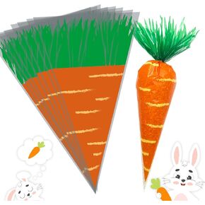 chmacura 100 Pieces Easter Carrot Cellophane Goody Bags Carrot Treat Candy Bags Triangle Gift Bags with Twist for Easter Party Supplies