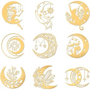 OLYCRAFT 9pcs 1.6x1.6 Inch Moon Metal Stickers Sun Mushroom Cat Self Adhesive Gold Stickers Fairy Theme Metal Gold Stickers for Scrapbooks DIY Resin Crafts Phone Water Bottle Decor
