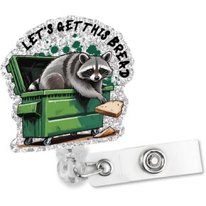 Let's Get This Bread Retractable Glitter Badge Reel with Alligator Clip, Funny Racoon Badge Holder for Nurse Social Worker Teacher Volunteer Healthcare Worker, Racoon Lover Gifts