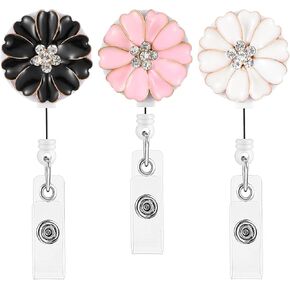 3Pcs Retractable Badge Reel Camellia Bling Rhinestone ID Badge Holder with Alligator Clip, Nurse Badge Reel Cute Badge Reel for Medical Assistant Doctor Work Office Supplies