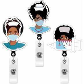 Gersoniel 3 Pcs Black Girl Nurse Badge Reel Retractable Nurse Badge Holder with Clip Cute ID Name Tag Badge Clip for Hospital Nurses Doctor Student Volunteer Gifts(Lovely Style)