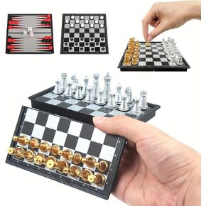 Chess Board Game Set Mini Magnetic Chess Kit Table Game with Folding Case 5'' Portable 3 in 1 Chess Checkers Backgammon Set Travel Game 2 Players