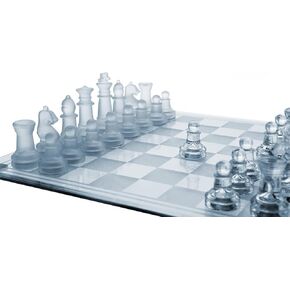 Gamie Premium Glass Chess Set, 14 Inch - Elegant Design - Durable Build - 32 Frosted and Clear Pieces - Felted Bottoms - Easy to Carry - Stable & Fully Functional for Chess Lovers