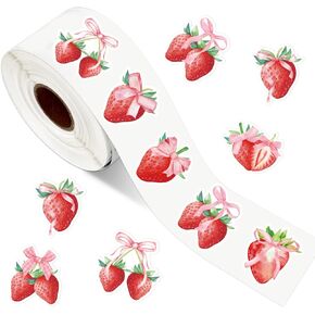 1000Pcs Strawberry Coquette Sticker Watercolor Pink Bow Paper Decal 8 Designs Fruit Adhesive Sticker Label for Reward Envelope Scrapbook DIY Supplies, 1.5 in