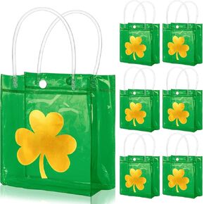 Fysuimu St. Patrick's Day Shamrock PVC Gift with Foil Gold Clover Clover Resparent Facs Green Clear Treat Bags for Irish Holiday Party Favors ، 12 pcs