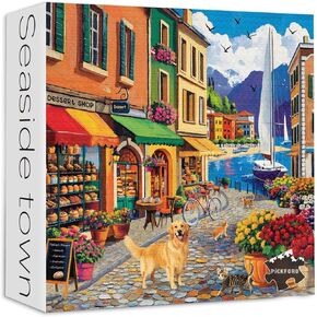 PICKFORU Seaside Puzzles for Adults 1000 Pieces, Vintage Beach Puzzles for Adults, Colorful Small Town Holiday Puzzles 1000 Pieces as Wall Decor