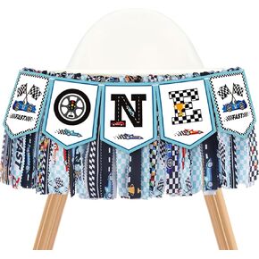 Race Car Highchair Banner - Fast One Boy Birthday High Chair Decorations 1st Baby Birthday Outfit with Trophies, Flag Streamer for Photo Props First Lap Around the Track Party Supplies