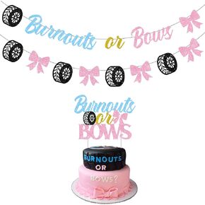 Burnouts or Bows Gender Reveal Decorations Bunting He or She Blue Pink Banner Cake Topper for Baby Shower or Pregnancy Announcement