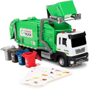 Garbage Truck Toys for Kids, Pull Back Plastic Garbage Truck Toy with Sounds and Lights, Educational Truck Toy Vehicle with 4 Garbage Bins and Learning Cards for Kids