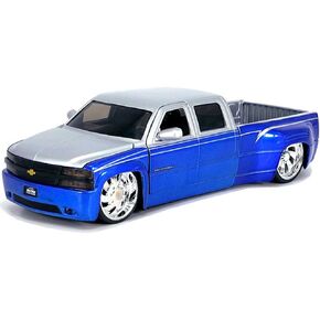 1999 Chevy Silverado Dually Pickup Truck Blue Metallic and Silver with Custom Just Trucks Series 1/24 Diecast Model Car by Jada 35588