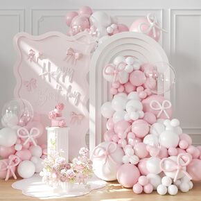 Pink Balloon Arch Kit, 145Pcs Coquette Birthday Decorations Bow Light Pink and White Balloons, Pink Bow Party Decorations for Birthday Wedding Baby Shower Engagement Bachelorette