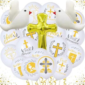 First Communion Decorations 43 Pieces Cross Doves Balloons God Bless You Latex Balloons Baptism Latex Balloons for Baptism God Christening Communion Supplies
