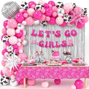 Winrayk Disco Cowgirl Party Decorations Birthday Supplies, Hot Pink Balloon Arch Lets Go Girls Banner Fringe Curtain Tablecloth Cow Print Balloon Disco Ball Star Women Western Bachelorette Party Decor