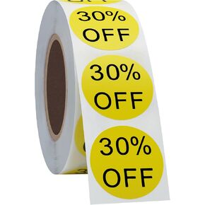 Sale Stickers 1 inch Round Labels Sale Price Label Self-Adhesive 30 Percent Off Sticker 500 pcs Yellow, 30%