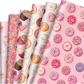 AnyDesign 12 Sheet Sweet Wrapping Paper Pink Donuts Cupcake Muffin Pattern Gift Wrap Bulk Dessert Print Art Paper for Birthday Wedding Baby Shower DIY Crafts Gift Packing, 19.7x27.6 Inch, Folded Flat