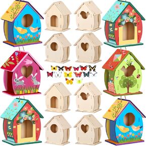 Outus 24 Pcs Wooden Birdhouse Craft Kits for Kids to Build, 4 Shapes Birdhouse Kit Wooden Unfinished with Watercolor Pen and Butterfly Sticker for Boy Girl Arts Crafts (Vintage,3.54 x 2.2 x 4.2 inch)