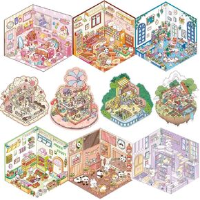 10 Sets 3D Scene Stickers DIY Decorative Stickers Cute Isometric Sticker Kawaii 3D House Cartoon Animal Sticker for Make Your Own Stickers Goodie Bags Crafts