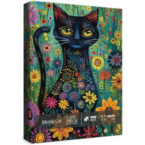 Cat Flower Puzzle for Adults 1000 Pieces, Colorful Floral Jigsaw Puzzle, Mystic Black Cat Sunflower Kitten Puzzle