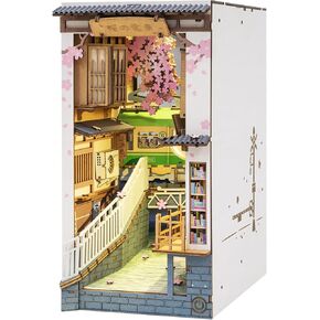 ROBOTIME DIY Book Nook Kit DIY Miniature Dollhouse Booknook Kit 3D Wooden Puzzle with LED Light,Decorative Bookend Bookshelf Insert Decor for Teens and Adults (Sakura Tram)