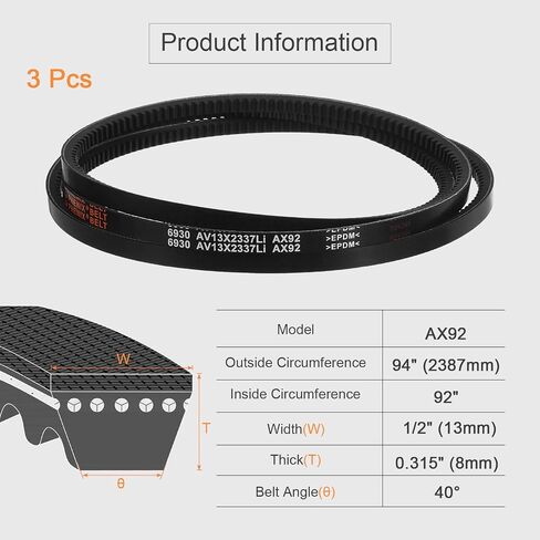 uxcell 3 Pcs AX41 EPDM V-Belt, Raw Edge Cogged Industrial Rubber V Belt 1/2" Width x 41" Inside Circumference in Saudi Arabia