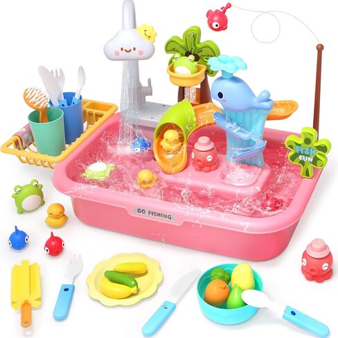 Kids Play Sink with Running Water,Toddler Sink Dishwasher Toy with Electric Faucet, Pretend Play Water Table for Toddlers Age2-4, Role Play Kitchen Playset Gift for Boy Girl 3-5 Years Old(Pink) in Saudi Arabia