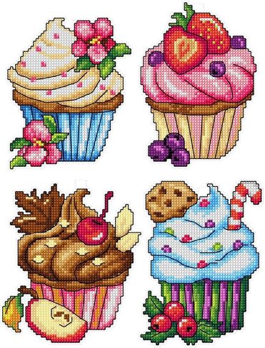 Counted Cross-Stitch Kit on Plastic Canvas with Cupcakes. 4 Wonderful Ornaments Different Dimensions 105CS. Perfect for Embroidery & Needlework Amateurs in Kuwait