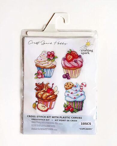 Counted Cross-Stitch Kit on Plastic Canvas with Cupcakes. 4 Wonderful Ornaments Different Dimensions 105CS. Perfect for Embroidery & Needlework Amateurs in Kuwait