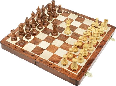 House of Chess - Victorian Staunton Golden Acacia Wood Chess Set - 14 x 14 Inches Wooden Folding Chess Board with Algebraic Notation - Wooden Chess Pieces with King Height 3 Inches + 2 Extra Queens in Saudi Arabia